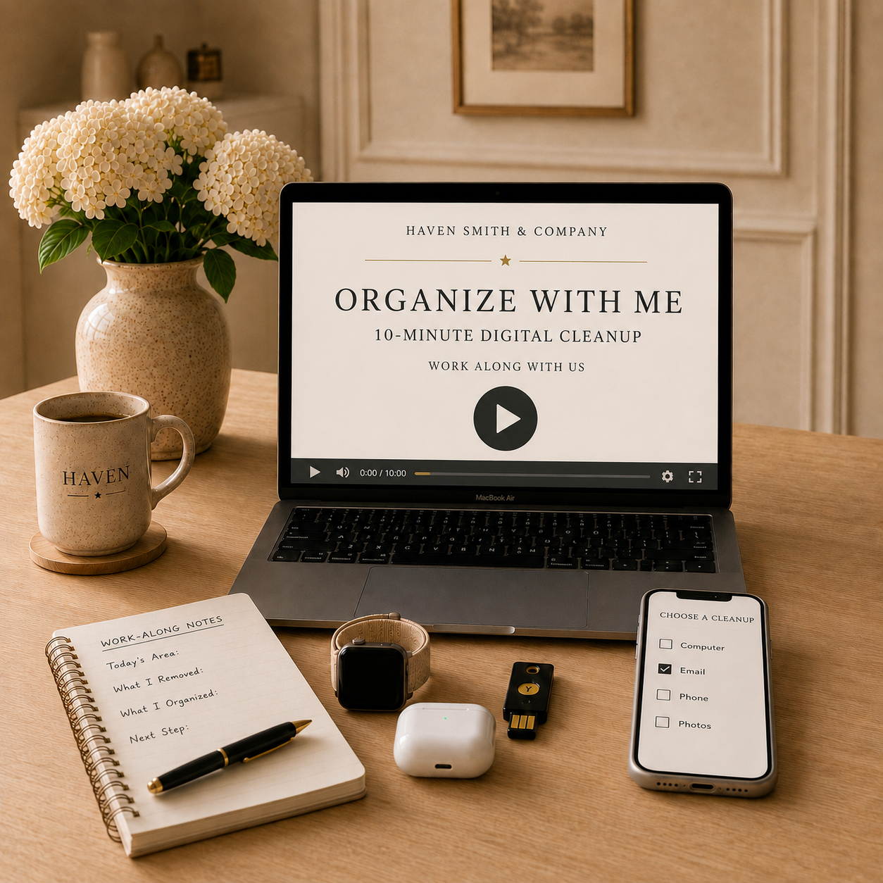 Home workspace with a laptop displaying a digital cleanup tutorial, a coffee mug, a notebook with notes, a flower vase, and electronic accessories including a smartwatch, wireless earbuds, and a phone with a cleanup selection screen.