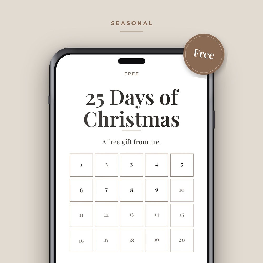 25 Days of Christmas on a phone screen, with a grid of numbered days and a Free sticker.