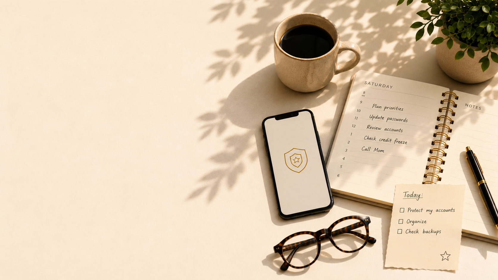 A flat lay of a workspace with a coffee mug, a smartphone with a security shield icon, a black and gold pen, glasses, a notebook with a to-do list for Saturday, a small notes paper with checkboxes, and a potted plant, all on a light-colored surface with shadows of the plant's leaves.