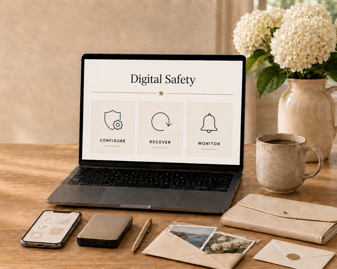 Laptop displaying digital safety options, a smartphone, a portable hard drive, a pen, photographs, a beige clutch, a cup of coffee, and a vase of white hydrangeas on a wooden desk.