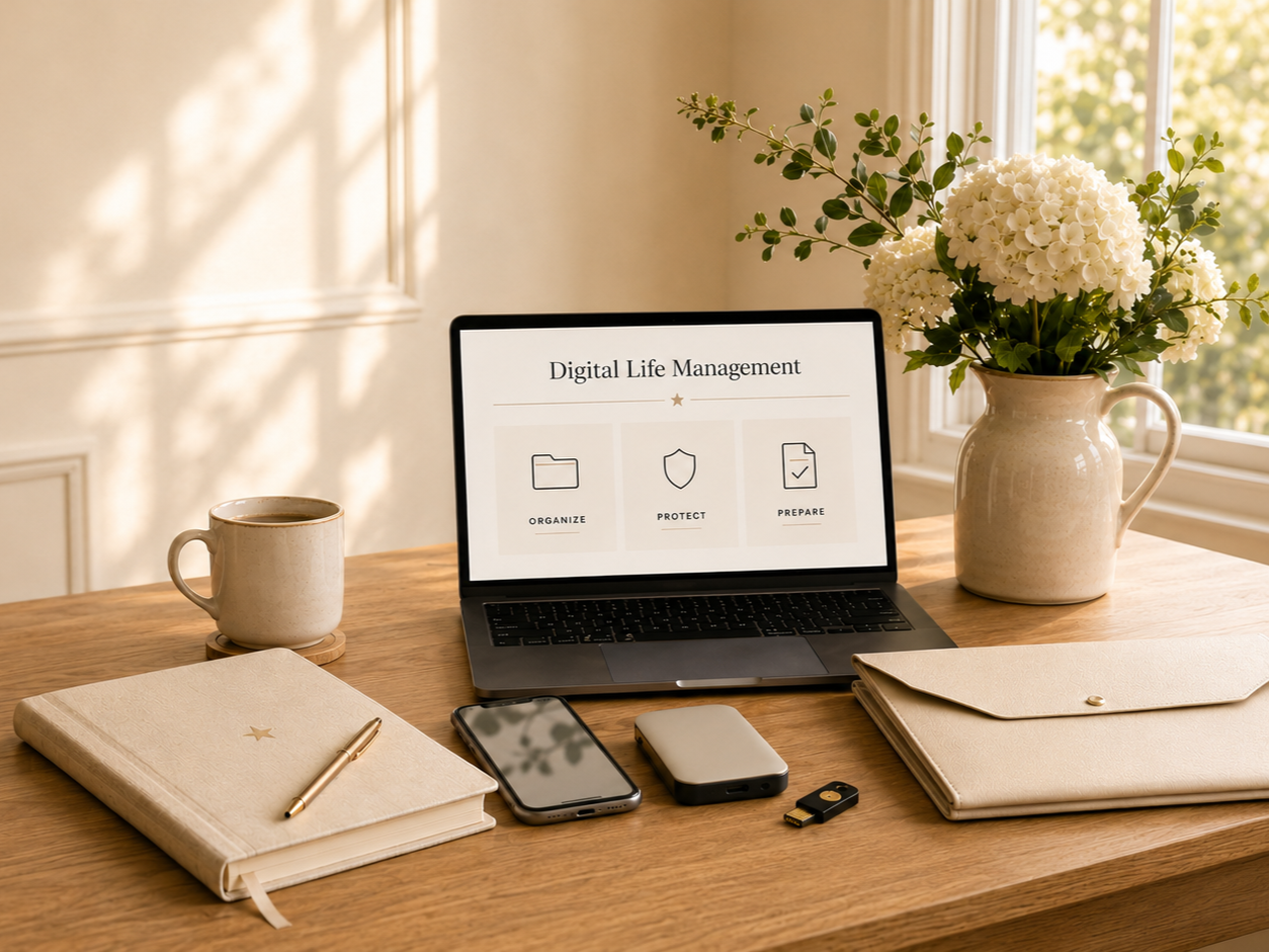A workspace with a wooden desk, a laptop displaying 'Digital Life Management' with icons for organize, protect, and prepare, a smartphone, a portable charging device, a USB flash drive, a notebook with a pen, a mug of coffee, and a vase with white flowers, in a room with sunlight coming through a window.