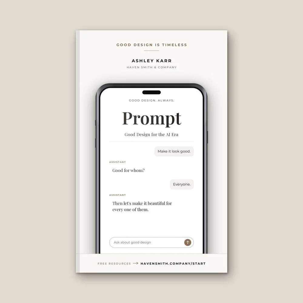 The cover of Prompt: Good Design for the AI Era by Ashley Karr, with a chat window on a phone.