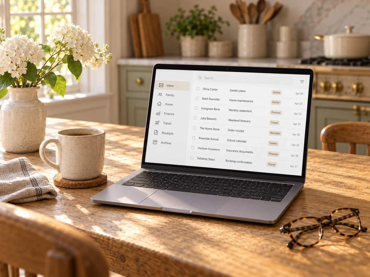 A desk with a notebook, reading glasses and a cup of tea