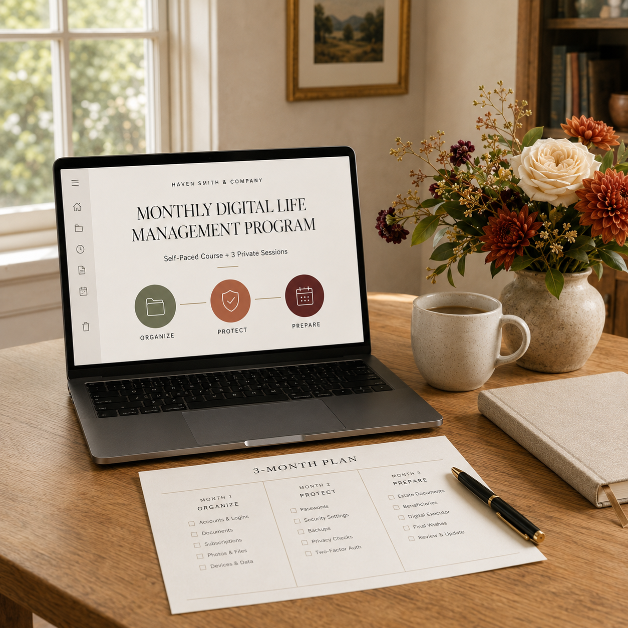 A workspace with a laptop displaying a digital life management program, a coffee cup, a vase with flowers, a notebook, a pen, and a printed three-month plan sheet on a wooden table.