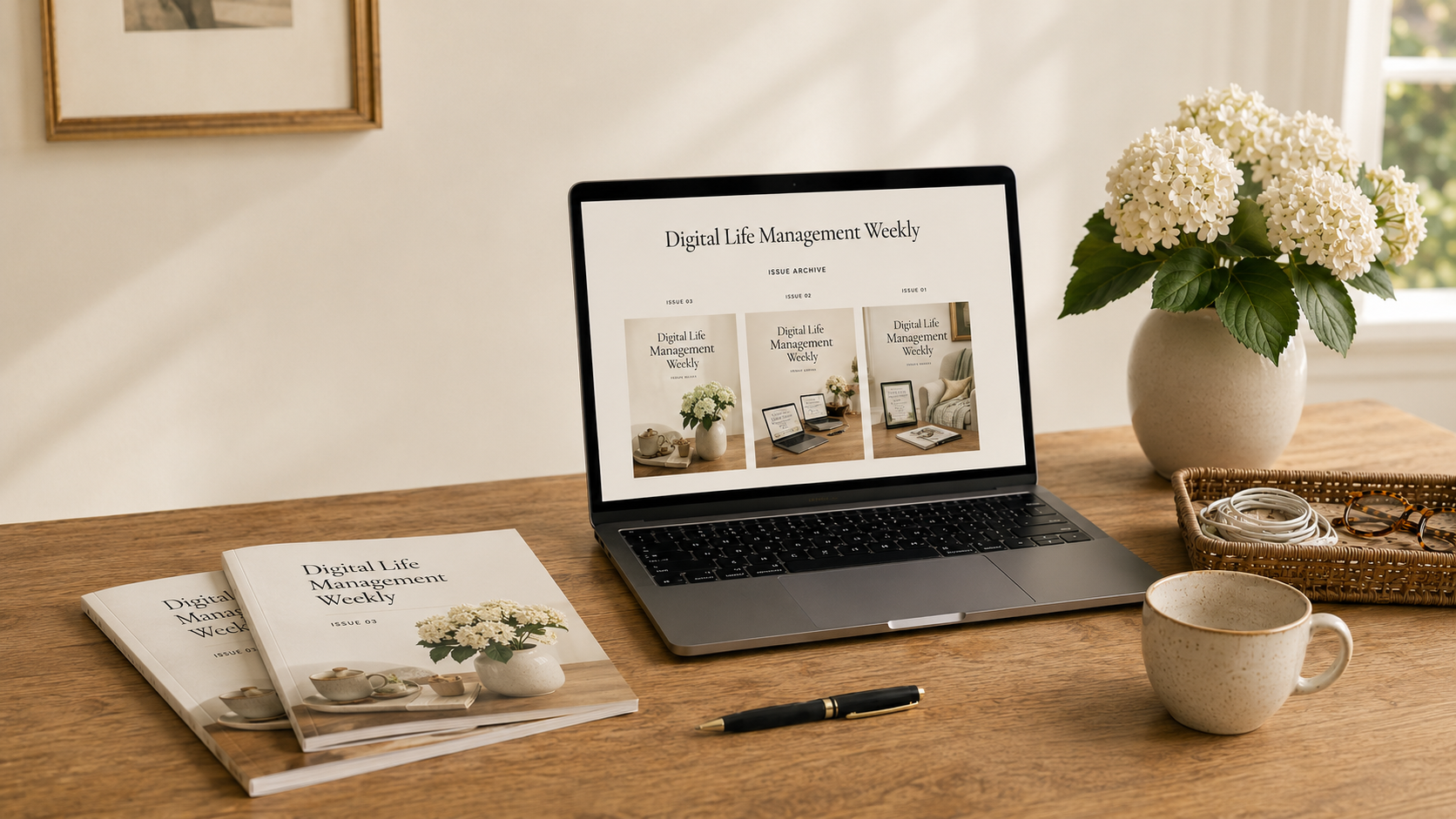A wooden desk with a laptop displaying a magazine titled 'Digital Life Management Weekly,' a cup of coffee, a pen, a magazine on the table, a woven tray with smart devices and glasses, a vase with white hydrangea flowers, and a window with sunlight.
