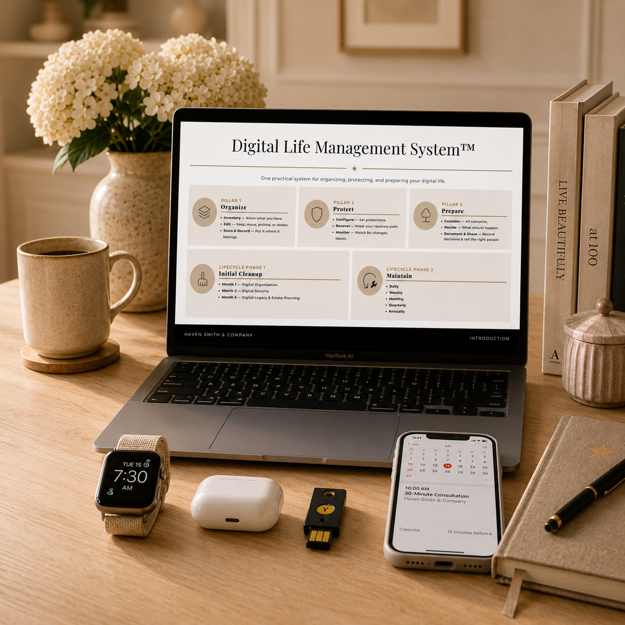 A workspace with a wooden desk holding a MacBook Air showing a digital life management system on the screen, a smartphone with a calendar appointment, a smartwatch, wireless earbuds, a USB flash drive, a notebook with a pen, a mug, a potted plant, and books.