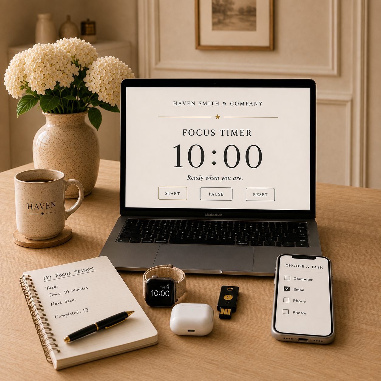 A workspace with a MacBook displaying a focus timer set for 10 minutes, a cup of coffee with 'HAVEN' printed on it, a notebook titled 'My Focus Session', a smartwatch, wireless earbuds, an AirPod case, a memory device, a smartphone with a task checklist, and a vase of white flowers. The background shows framed artwork and a beige wall.