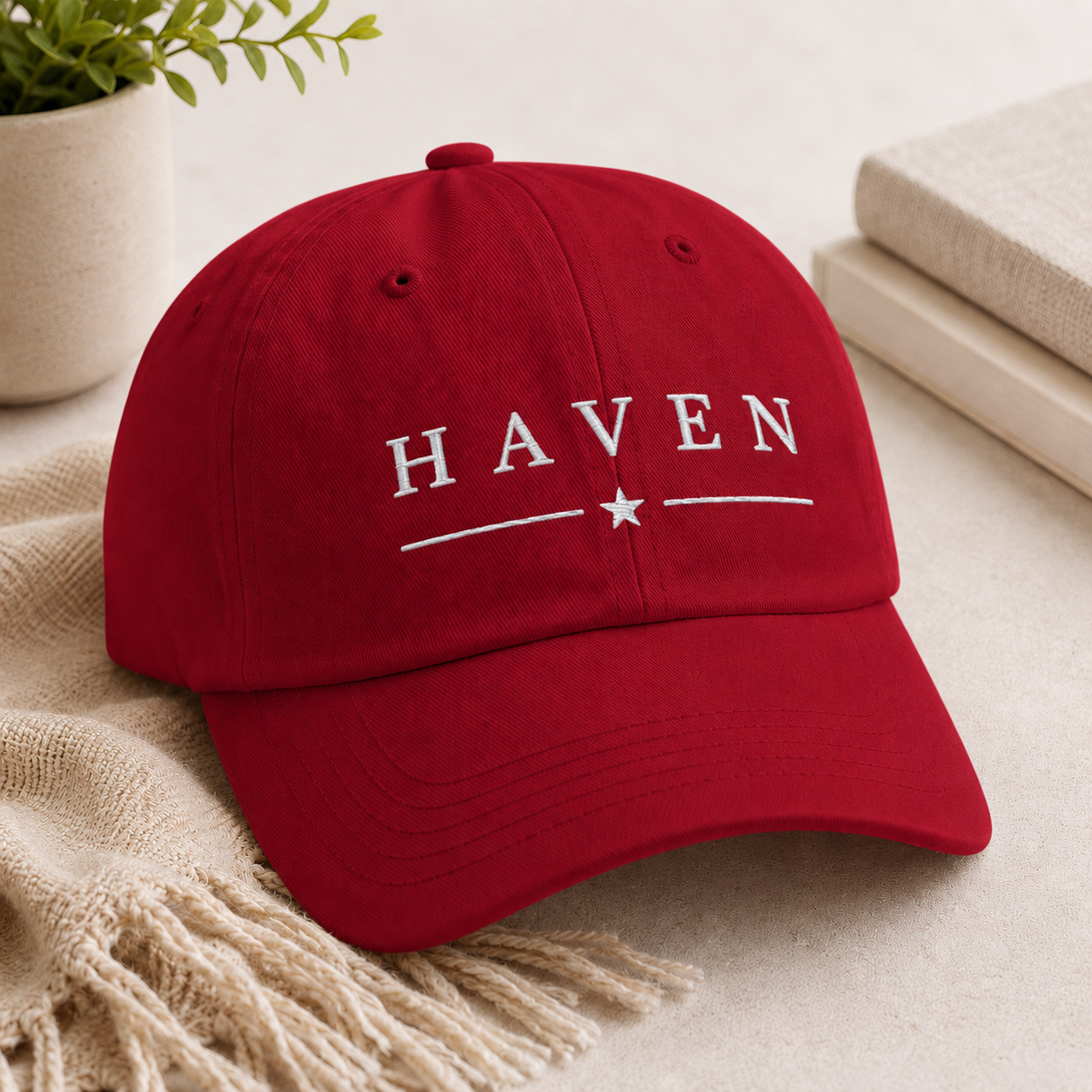 HAVEN™ White Embroidery on Red Baseball Cap