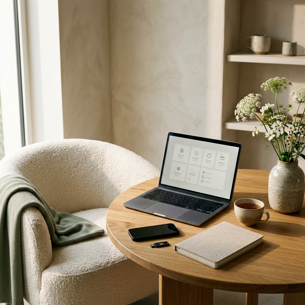 A cozy workspace with a round wooden table set by a window. The table holds a laptop, a smartphone, a notebook, a coffee mug, a vase with white flowers, and a USB flash drive. An upholstered armchair with a blanket is nearby.