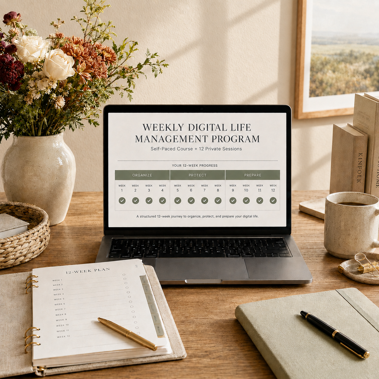 A workspace with a laptop displaying a weekly digital life management program, an open 12-week planner with a gold pen, a notebook, a cup of coffee, and a bouquet of flowers in a vase.