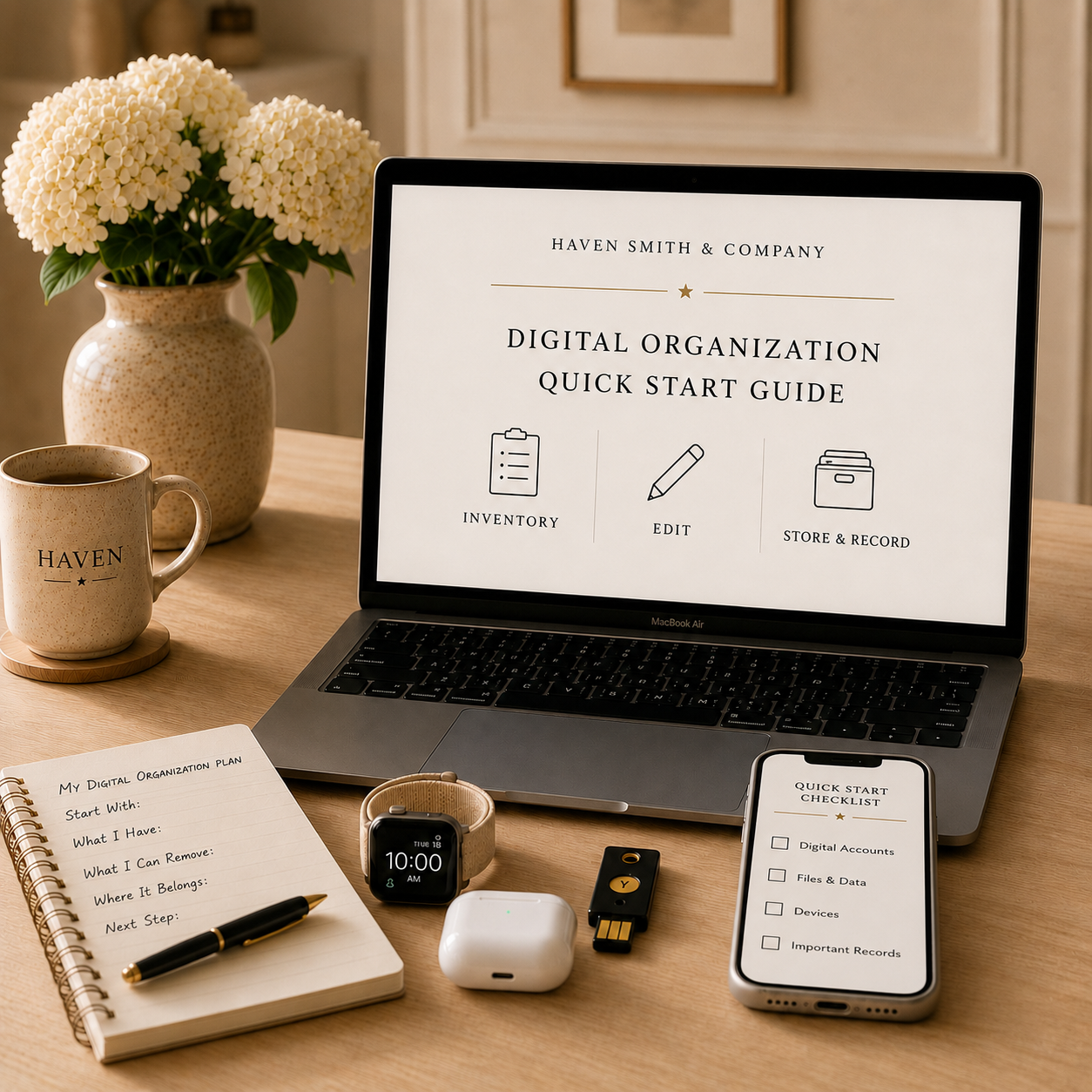 A workspace setup with a laptop displaying a digital organization quick start guide, a coffee mug with the Haven logo, a potted white hydrangea, a smartphone showing a quick start checklist, a smartwatch, an AirPods case, and various tech accessories on a wooden desk. A notepad with handwritten organization planning notes and a pen are also present.