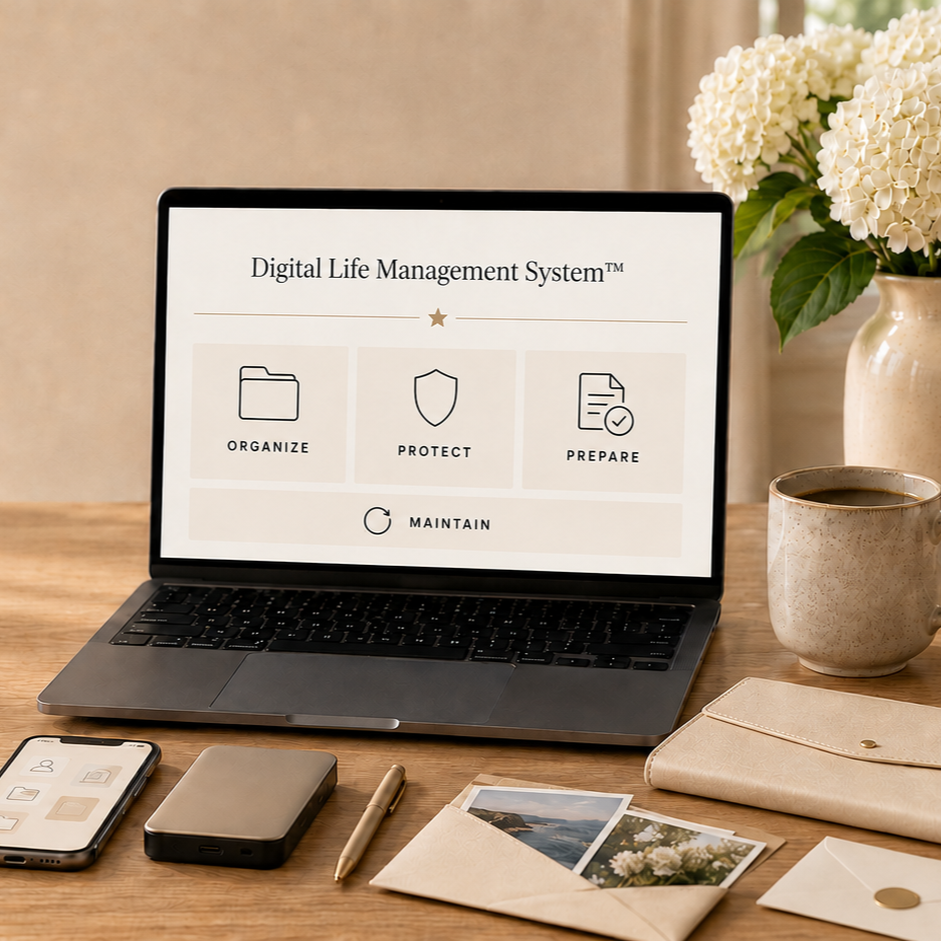 Laptop on a desk displaying a digital life management system with options to organize, protect, prepare, and maintain. Nearby are a cup of coffee, a smartphone, a pen, an envelope with photos, a beige wallet, and a vase of white flowers.