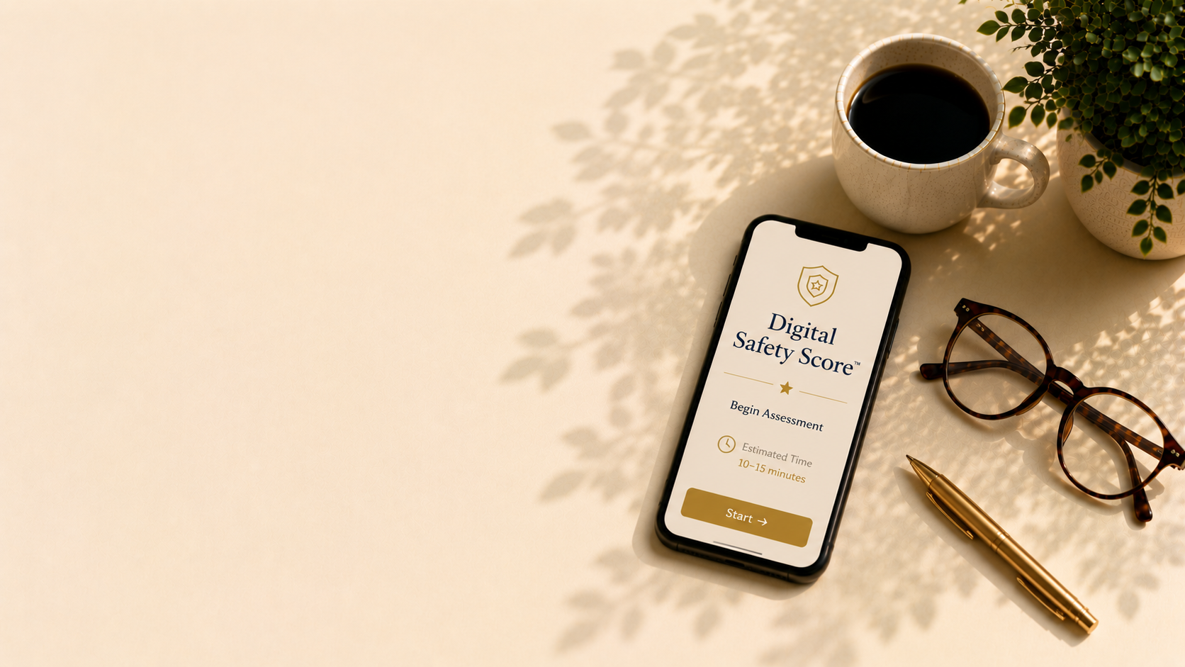 Smartphone displaying a digital safety score assessment app on a beige desk with a cup of coffee, tortoiseshell glasses, a gold pen, and potted green plants.