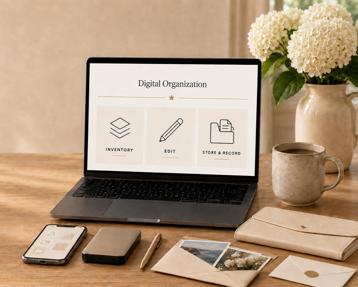 Laptop on wooden desk displaying digital organization app, with smartphone, portable charger, pen, photographs, beige wallet, coffee cup, and a vase of white hydrangeas nearby.