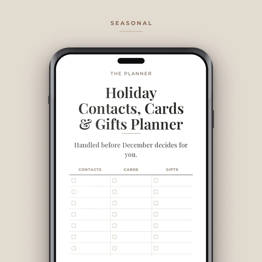 The Holiday Contacts, Cards and Gifts Planner on a phone screen, with columns for contacts, cards and gifts.