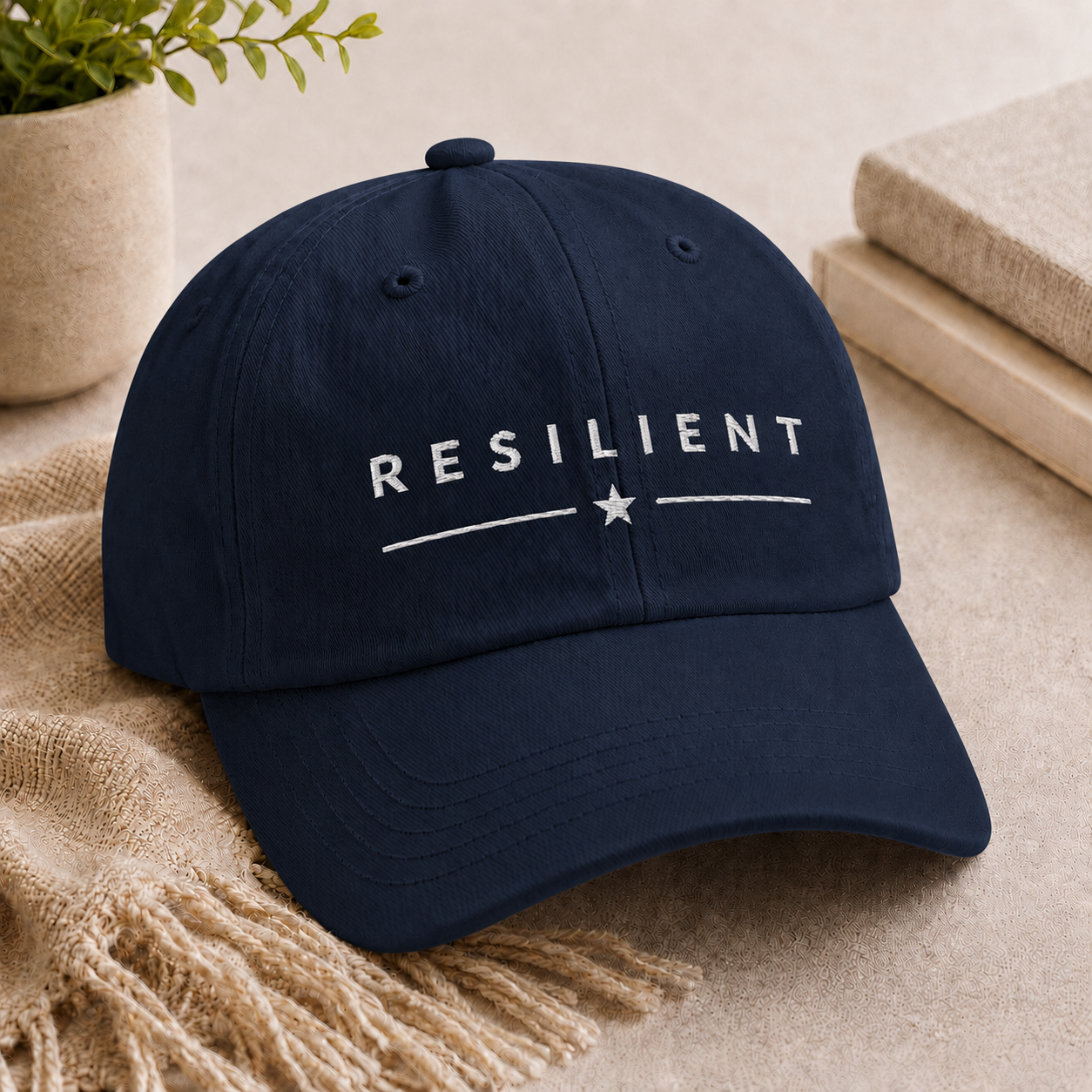 RESILIENT™ White Embroidery on Navy Baseball Cap