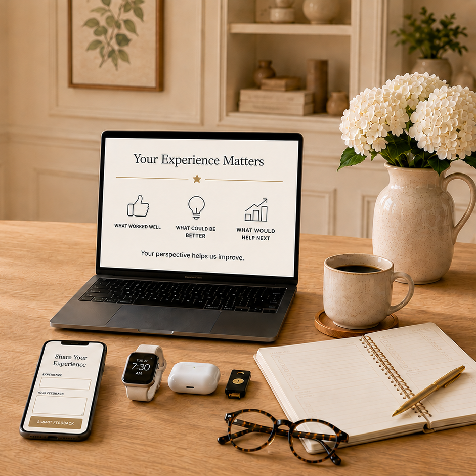 A workspace with a laptop, smartphone, smartwatch, AirPods, and a set of glasses on a wooden desk, along with a cup of coffee, a notebook with a gold pen, a vase with white flowers, and a digital presentation on the laptop screen about improving experiences.