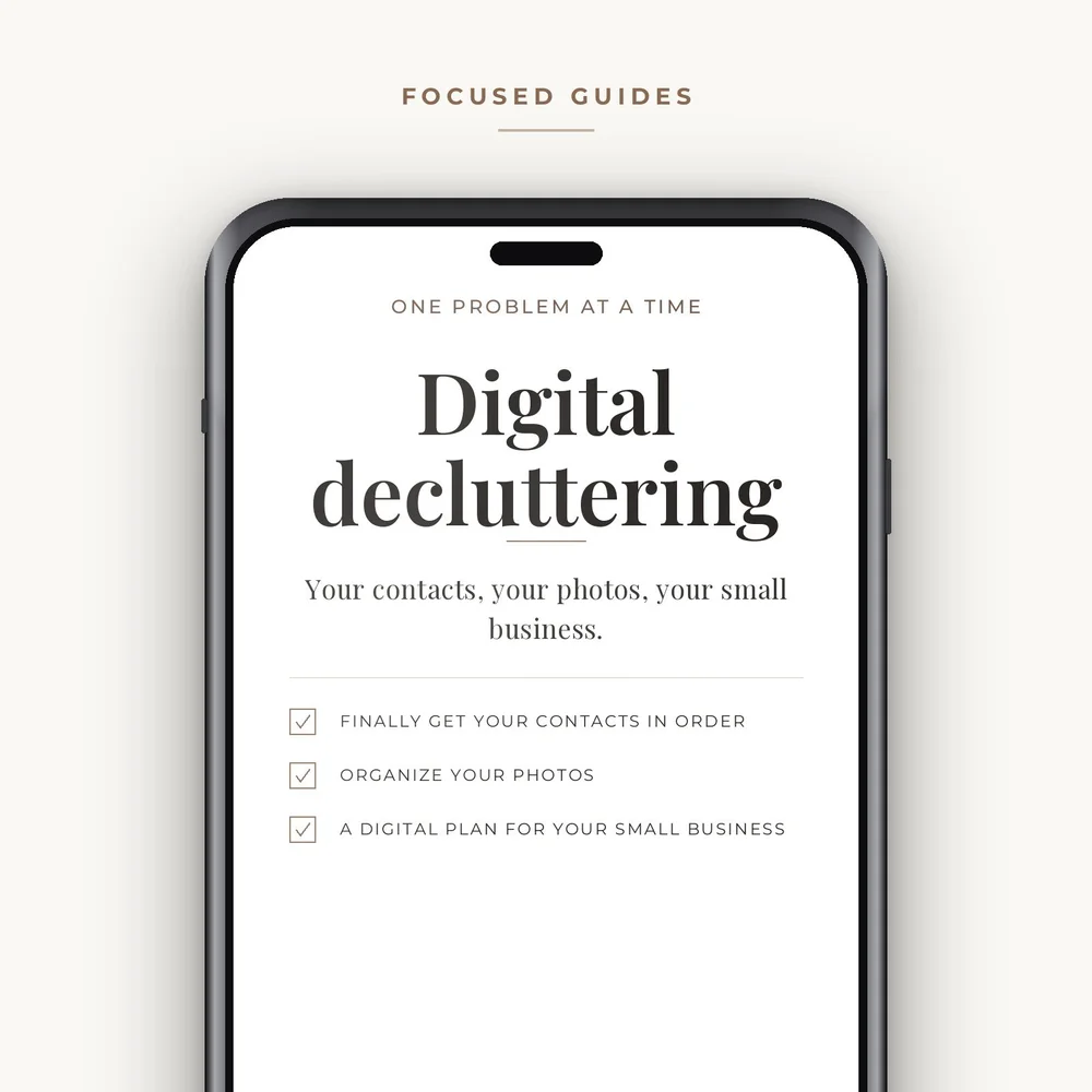 The Digital decluttering guides listed on a phone screen.