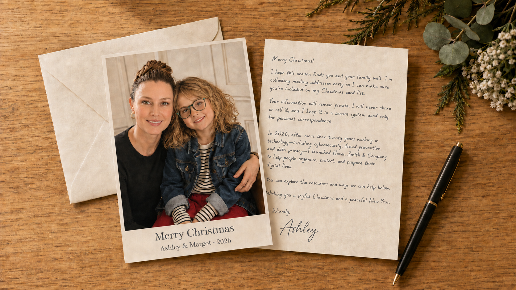 A framed photograph of a woman and a young girl, both smiling and sitting close together, on a wooden surface. The photo says 'Merry Christmas, Ashley & Margot, 2026'. Next to it is a handwritten Christmas card addressed to Ashley, sharing holiday wishes and personal updates. A black pen, a sprig of greenery, and white flowers are also on the surface.