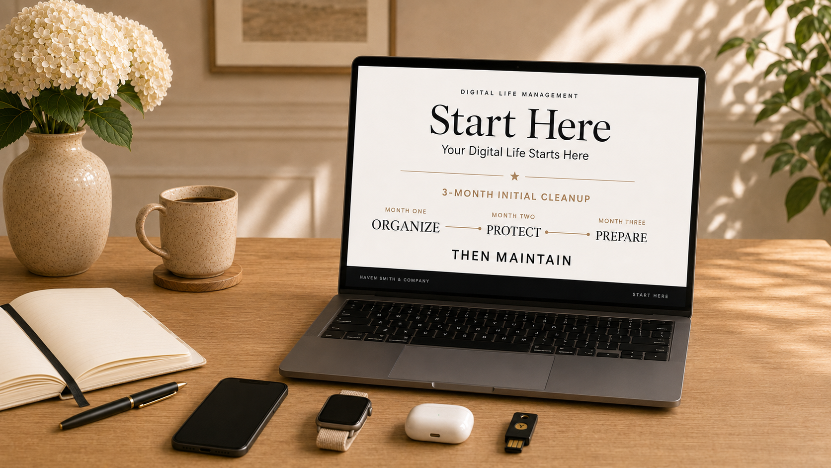 A wooden desk with a laptop displaying a digital life management plan for a three-month cleanup, a notebook with a pen, a smartphone, a smartwatch, wireless earbuds case, and a USB drive. A ceramic vase with white hydrangeas and a mug of coffee are on the left, and in the background, there are framed pictures on the wall and green plants.