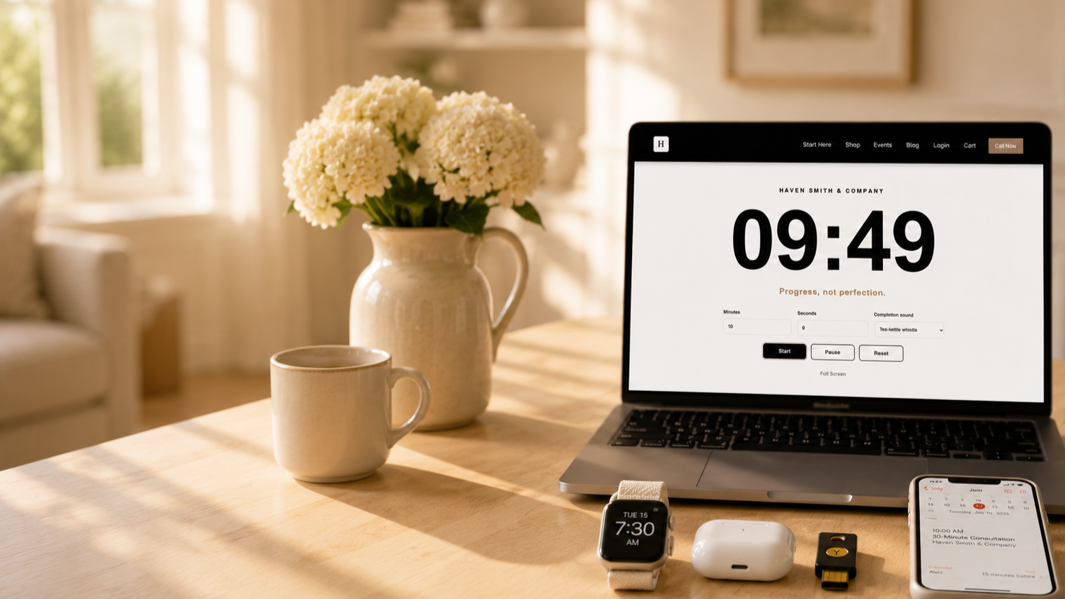 A laptop displaying a timer at 09:49 on a wooden desk, with a smartwatch showing 7:30 AM, a white mug, a white vase with white flowers, an AirPods case, a yellow and black remote, and an iPhone displaying a calendar and schedule in a bright room with sunlight.