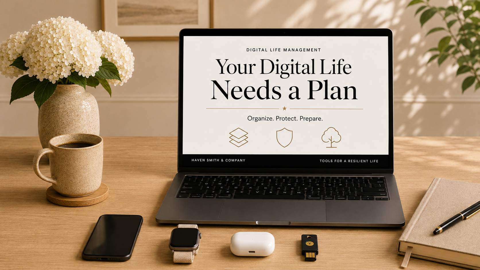 A laptop on a wooden desk displaying a presentation slide titled 'Your Digital Life Needs a Plan,' with icons of a stack of papers, shield, and tree. To the left, a beige mug of coffee on a coaster, a smartphone, a watch, and wireless earbuds. To the right, a beige notebook with a pen, a plant, and a vase with white hydrangeas. A framed picture hangs on the wall in the background.