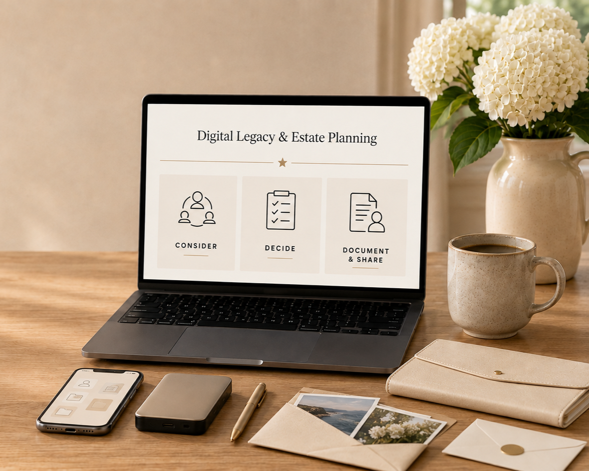 Laptop displaying digital legacy and estate planning on a wooden table, surrounded by a coffee mug, a bouquet of white flowers, a smartphone, a portable charger, a pen, a small photo album, and a beige wallet and envelope.