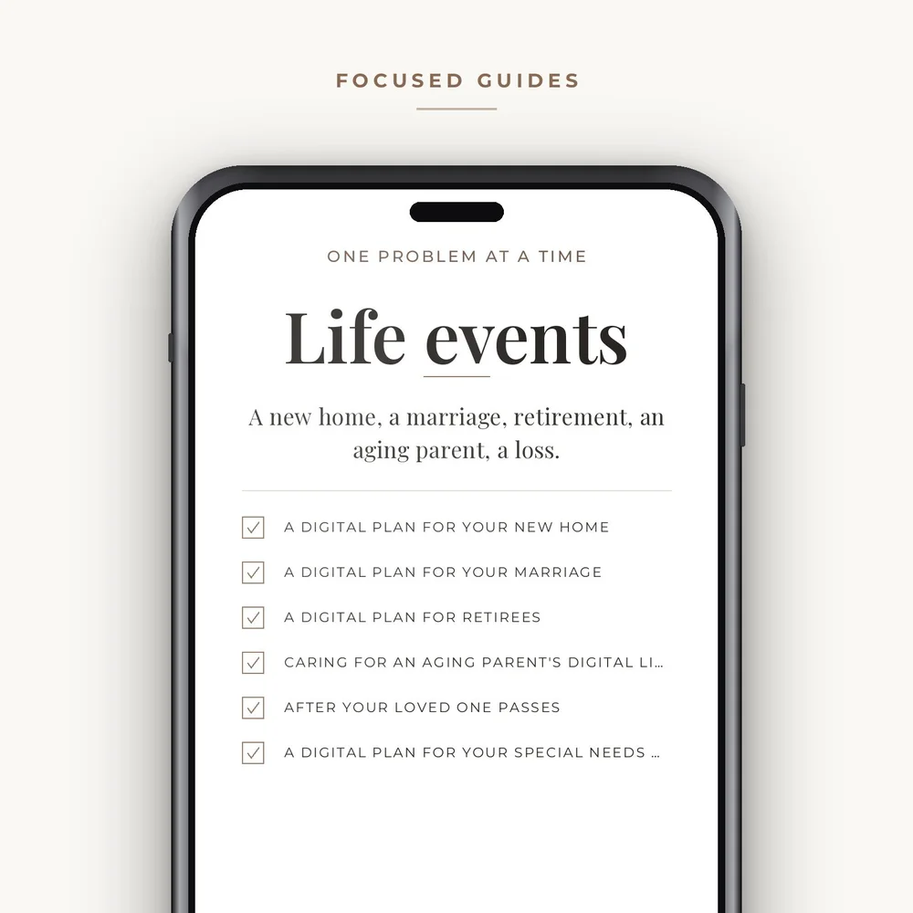 The Life events guides listed on a phone screen.