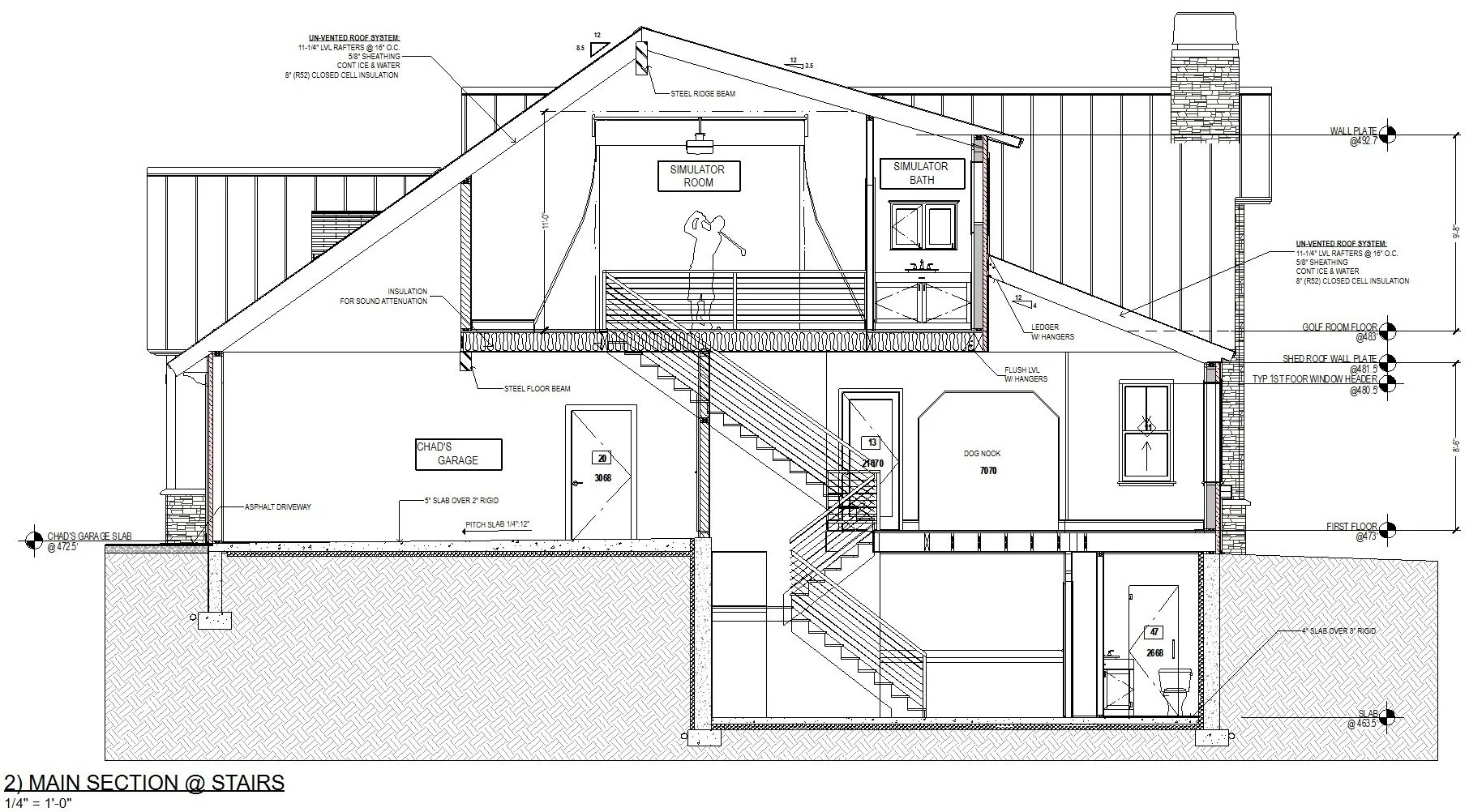 Building section drawing showing the framing and floors of a two-story home