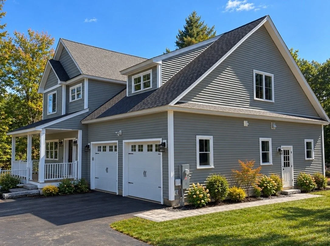 Side view of a gray two-story spec house with a two-car garage and landscaped front yard