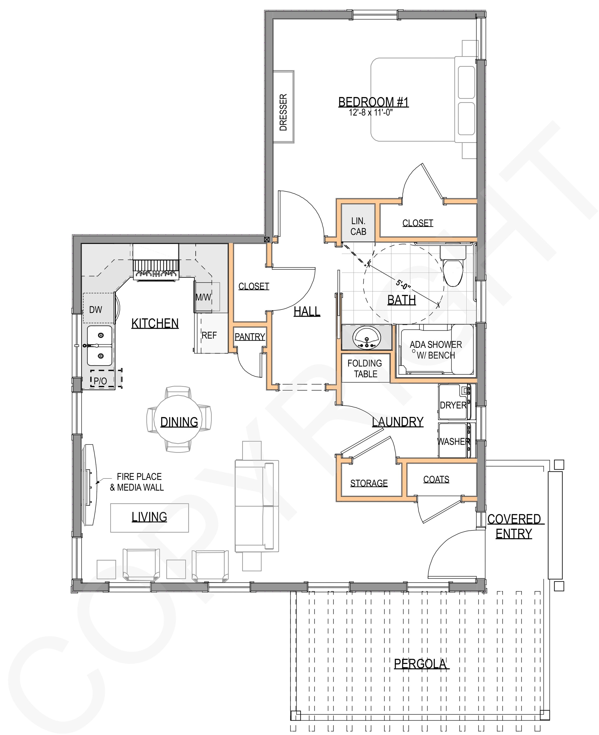 The Lakes Region ADU model — 750 sq ft, floor plan architectural drawing, 1 bedroom fits king, full bath, eat-in kitchen, dining, laundry/workspace, optional pergola or covered porch
