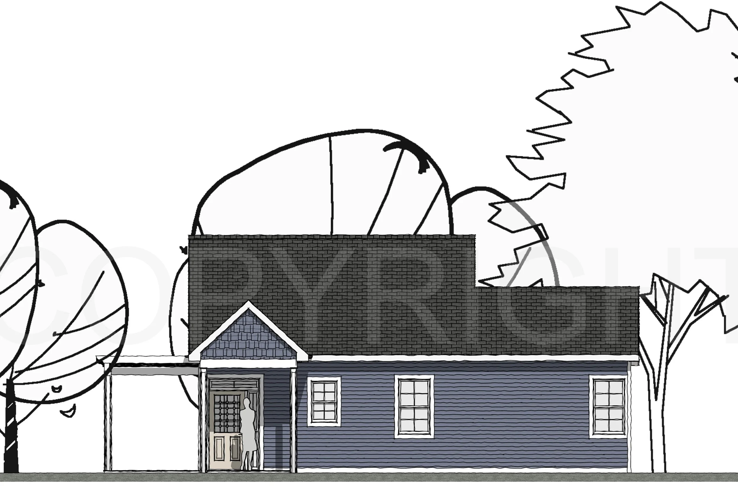 The Lakes Region ADU model — 750 sq ft, front elevation, 2D architectural drawing showing central entry door, symmetrical bedroom windows, and simple gable roofline with pergola outline.