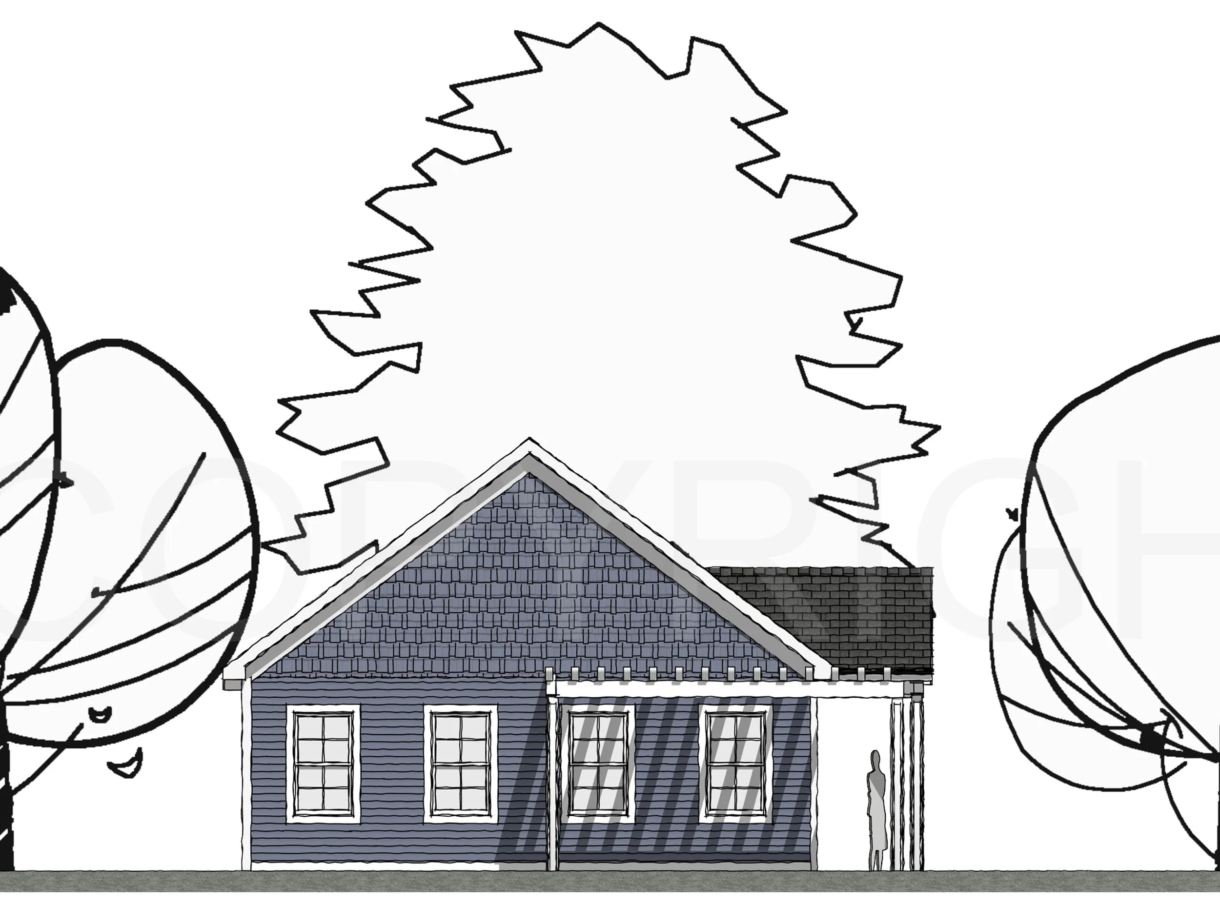 The Lakes Region ADU model — 750 sq ft, side elevation, 2D architectural drawing showing central entry door, symmetrical bedroom windows, and simple gable roofline with pergola outline.