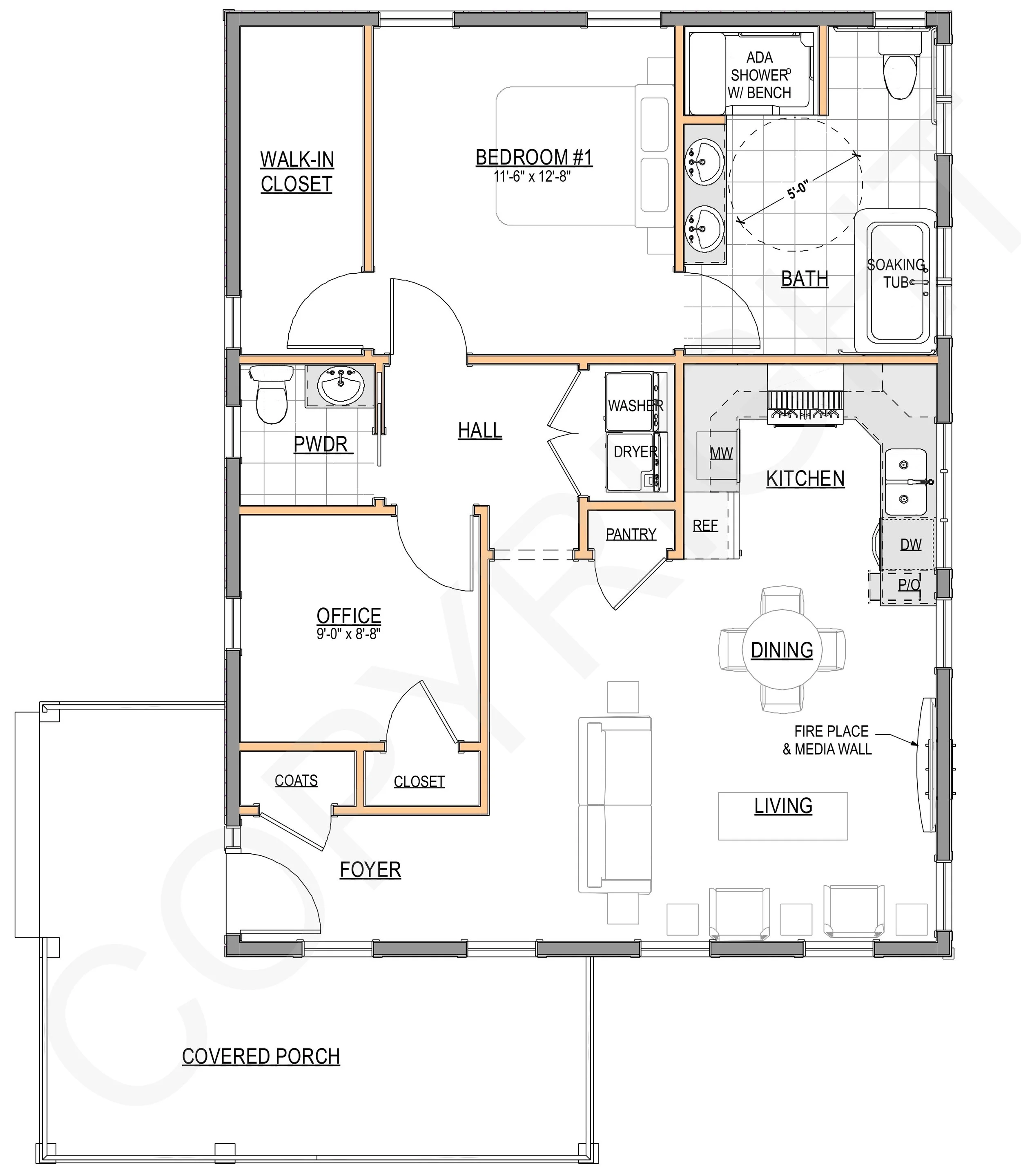 The Mt Washington ADU model floor plan — 1-bedroom layout showing covered porch, main living area, and rear bedroom configuration