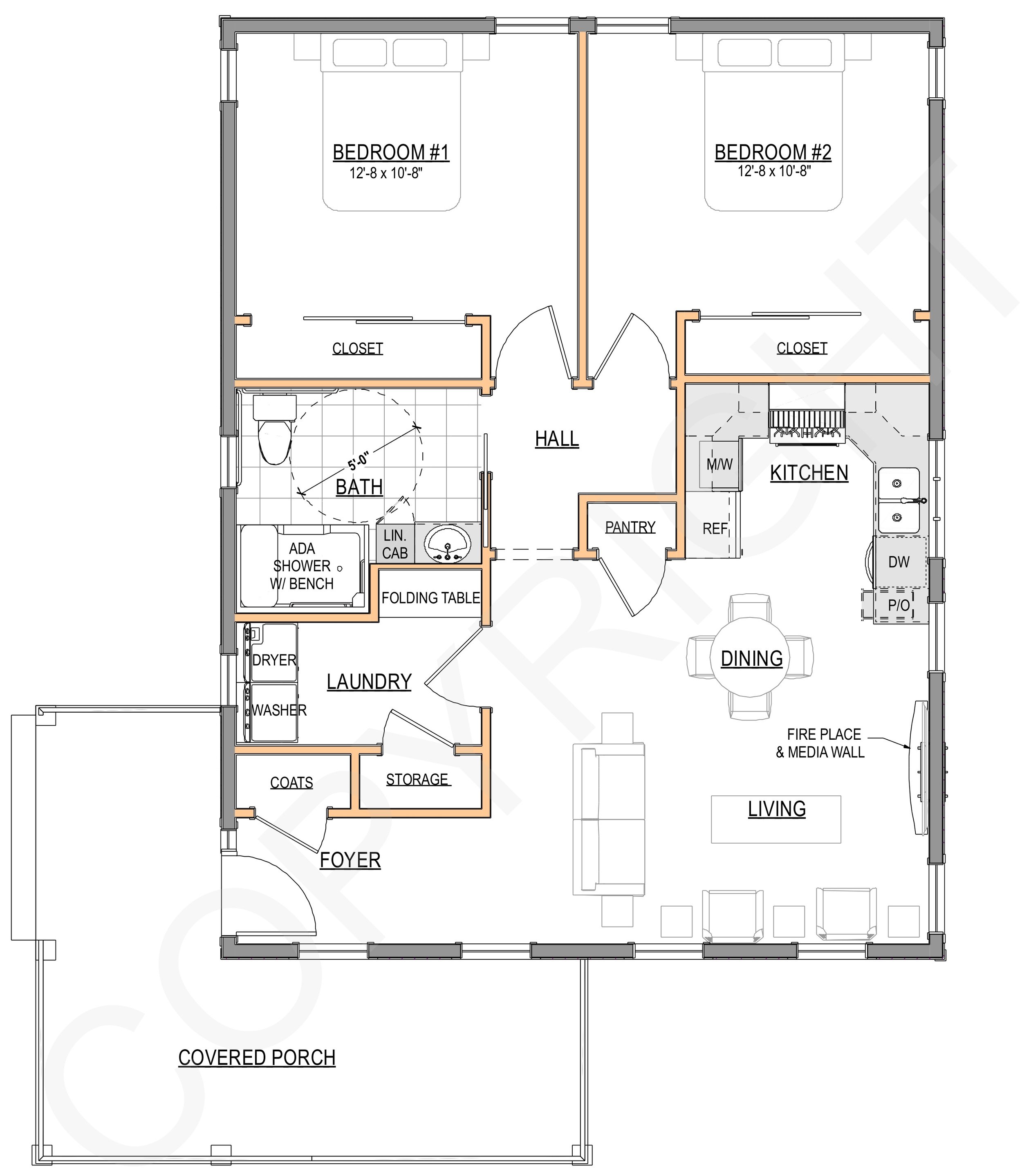 The Mt Washington ADU model floor plan — 2-bedroom layout showing covered porch, main living area, and rear bedroom configuration