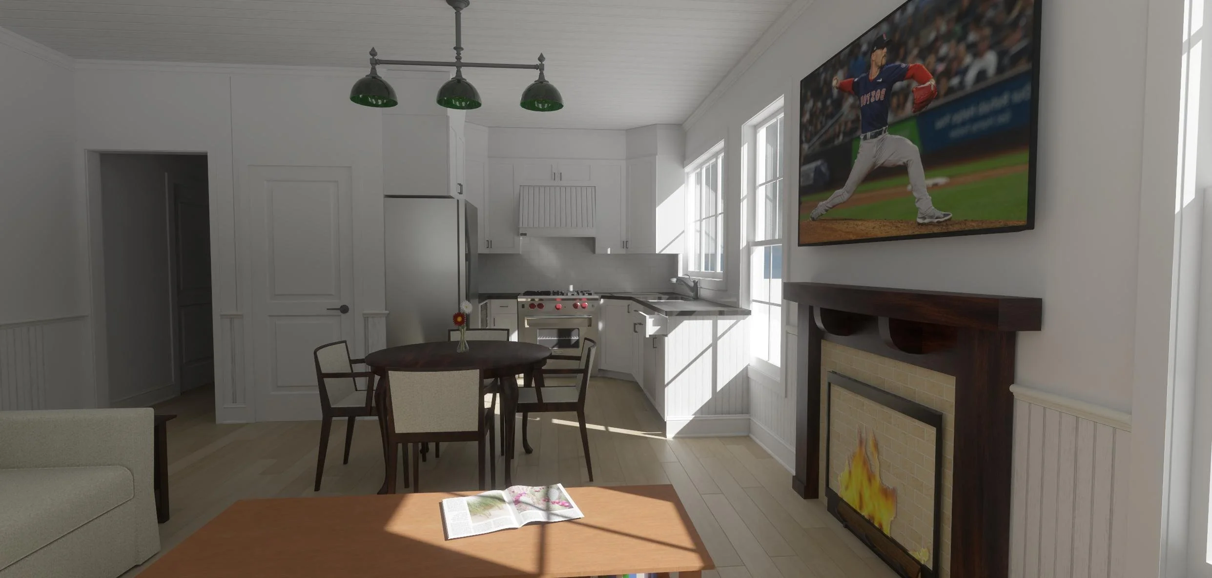 The Mt Washington ADU model — 950 sq ft— interior living room view with white shaker cabinetry, farmhouse lighting, fireplace, and open kitchen layout.