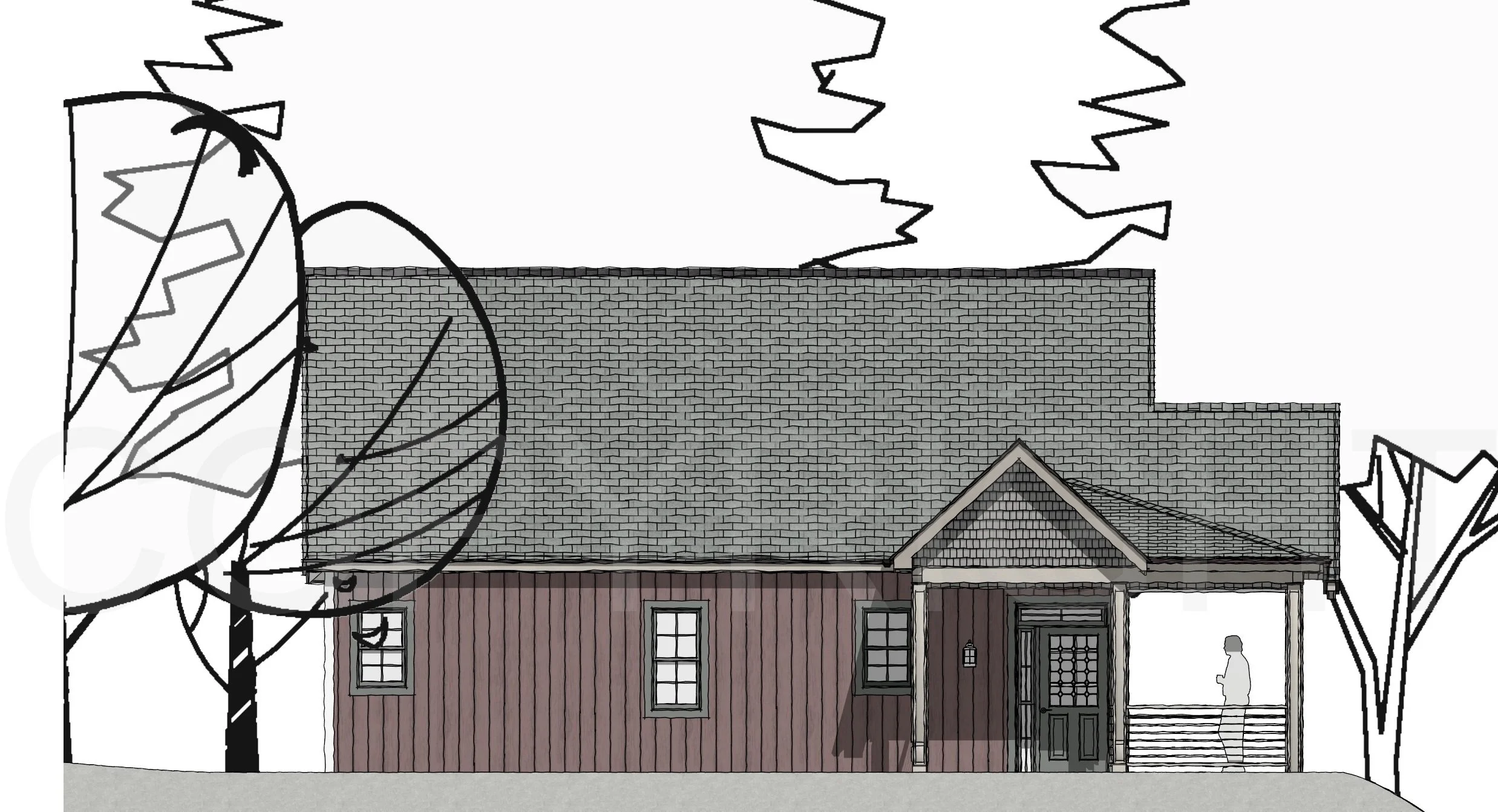 The Mt Washington ADU model — 950 sq ft, side elevation drawing showing timber-frame porch, centered entry door, and red board and batten siding.