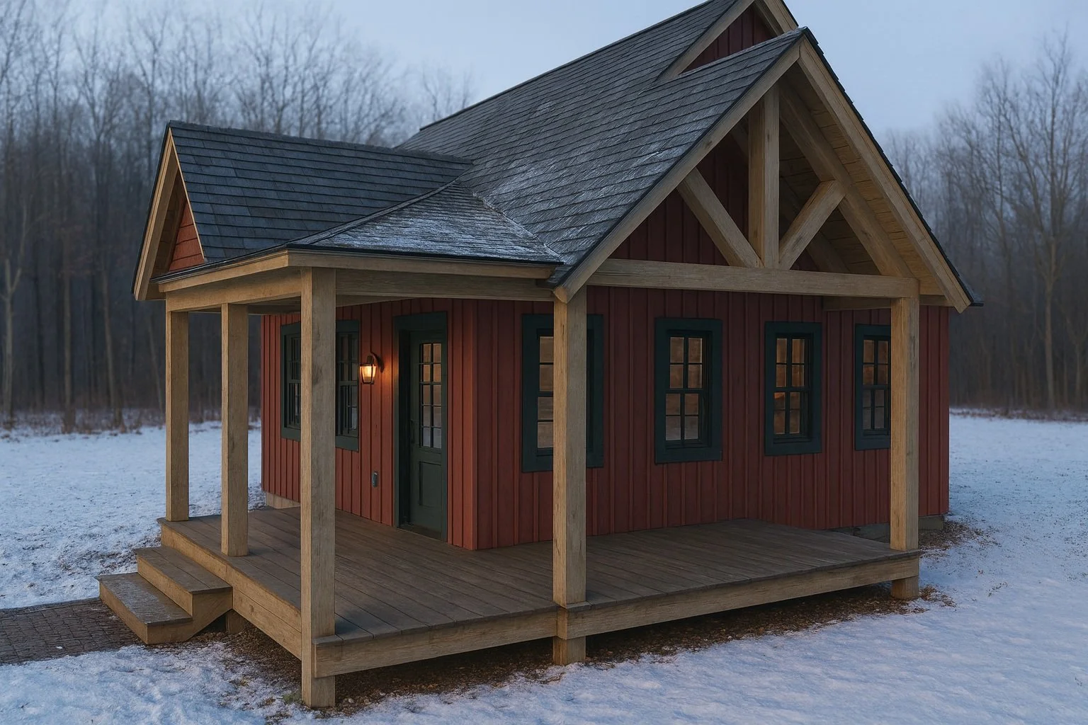 The Mt Washington ADU model — 950 sq ft, two-bedroom accessory dwelling unit with a timber-frame porch, red board-and-batten siding, and a green door, shown in a snowy New Hampshire landscape