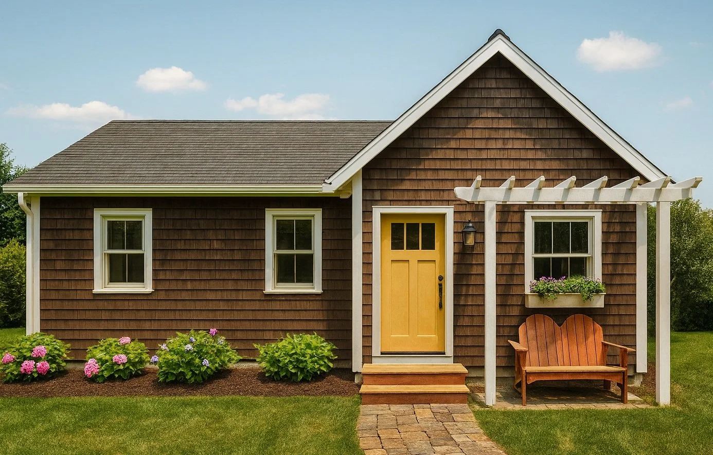 The Notch ADU model — 950 sq ft, two-bedroom cottage with shingle siding, warm trim colors, and a classic New Hampshire look.