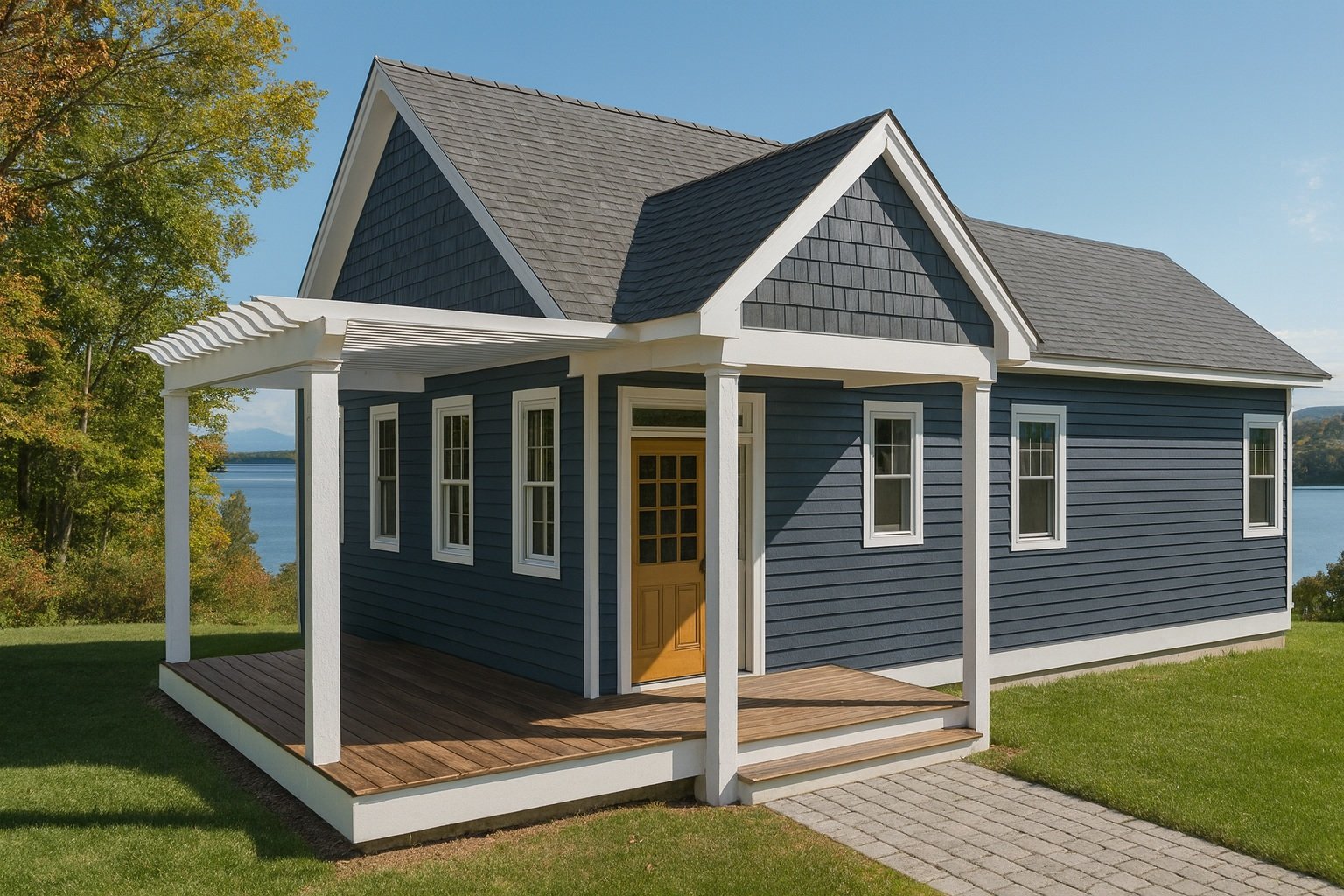 The Lakes Region ADU model — 750 sq ft, one-bedroom cottage with blue clapboard siding, white trim, front porch, and lake-cottage architectural styling.
