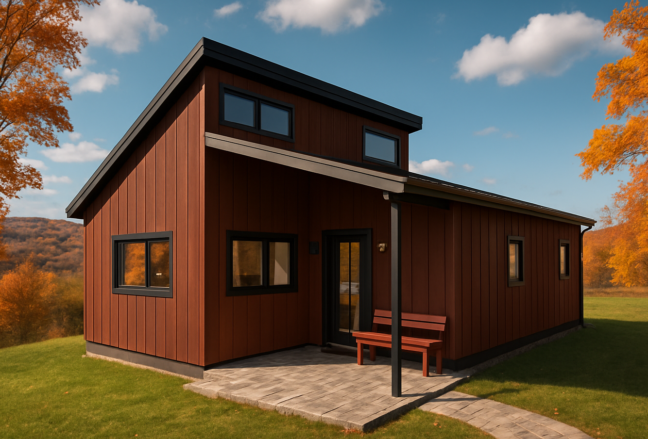 The Flume ADU model — 620 sq ft, one-bedroom modern cabin-style home with vertical siding, numerous windows, and a shed-style roof.