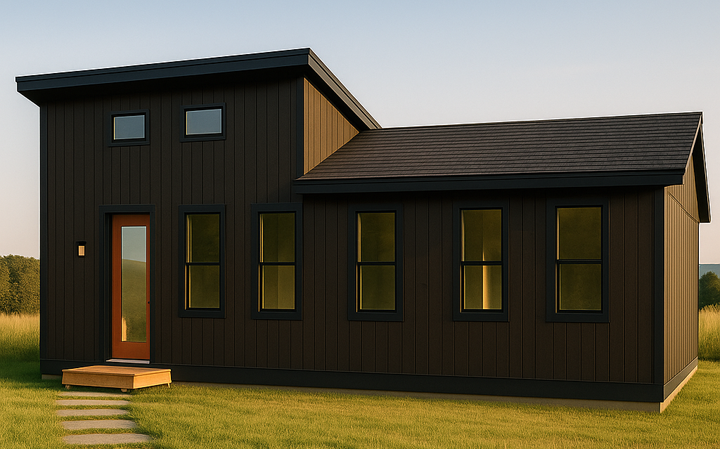 The Durham ADU model — 550 sq ft — exterior rendering with modern dark vertical siding, multiple tall windows, and a simple entry landing.