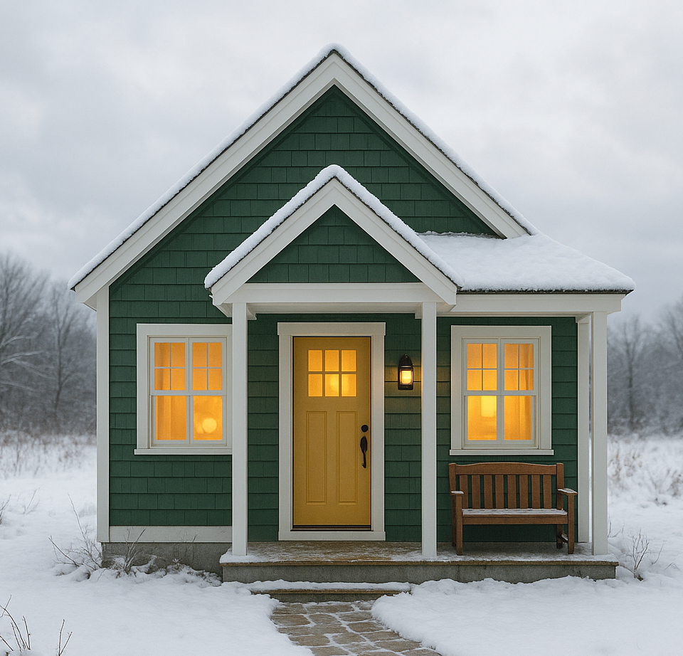 The Contoocook ADU model — 770 sq ft, two-bedroom compact cottage with green siding, white trim, and gable rooflines.