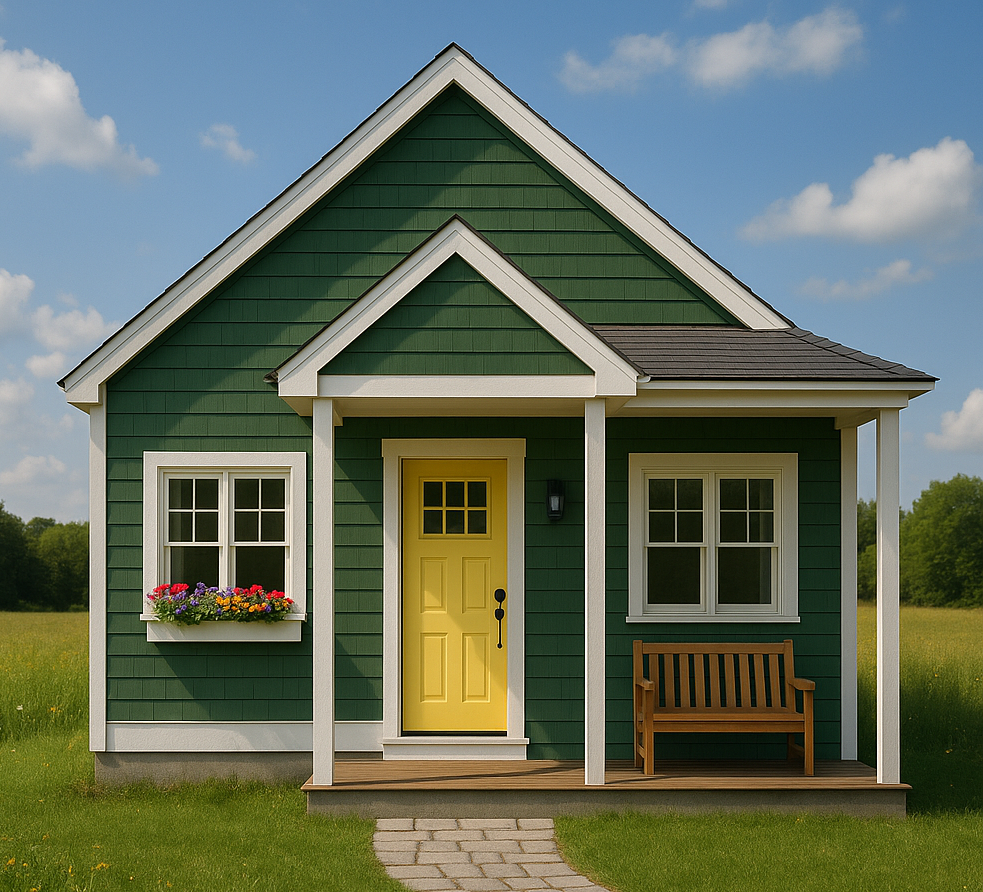 The Contoocook ADU model — 770 sq ft, exterior rendering showing green clapboard siding, gable roof, covered front porch, yellow entry door, and simple New England cottage style.