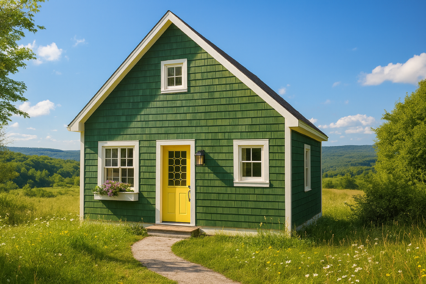 The Contoocook ADU model — 770 sq ft, alternate exterior rendering without the covered porch, featuring green siding, gable roof, yellow front door, and classic New Hampshire rural setting.