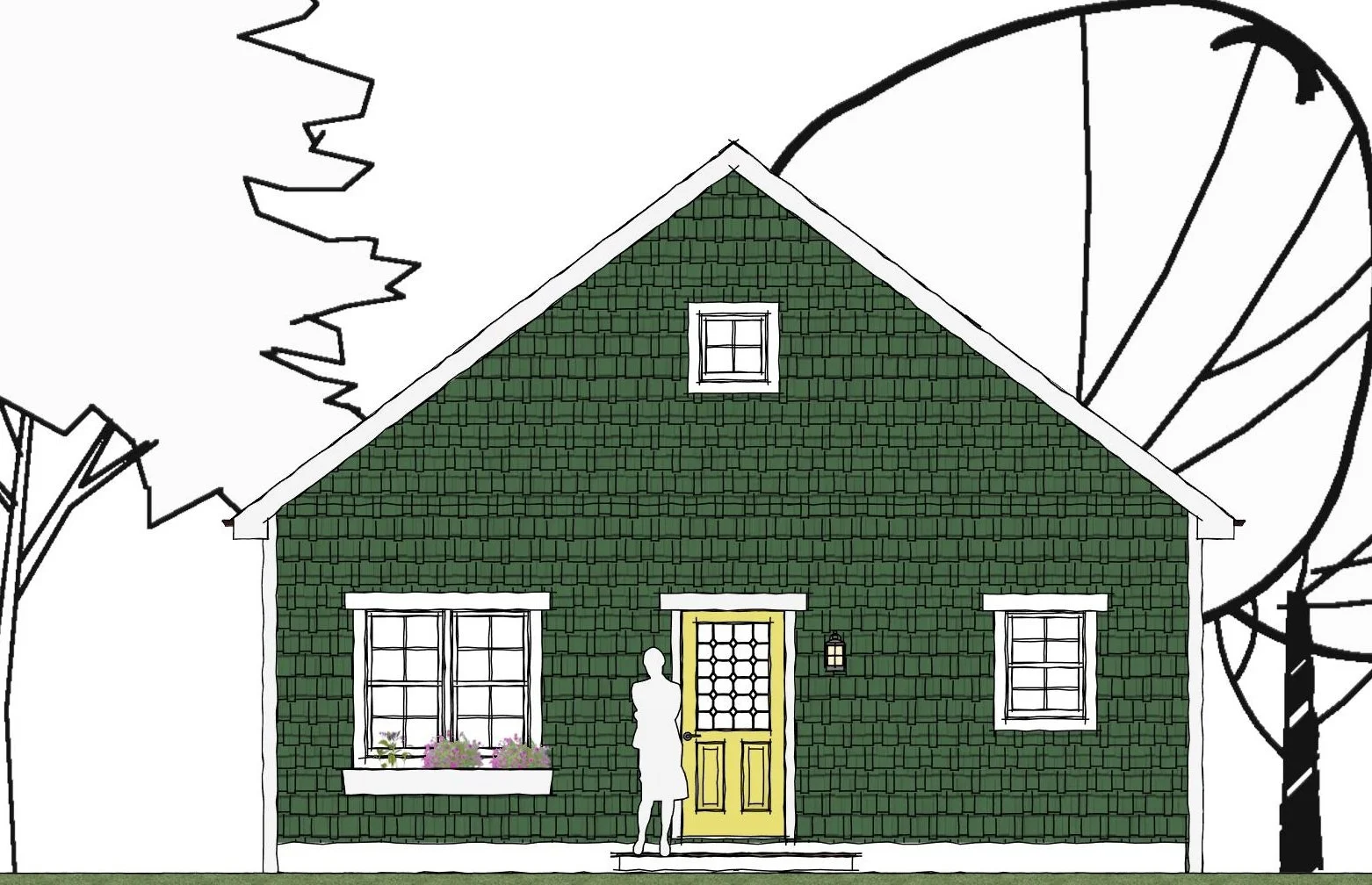 The Contoocook ADU 2D front elevation architectural drawing showing centered entry door, symmetrically placed windows, front gable roof, and landscape outline.