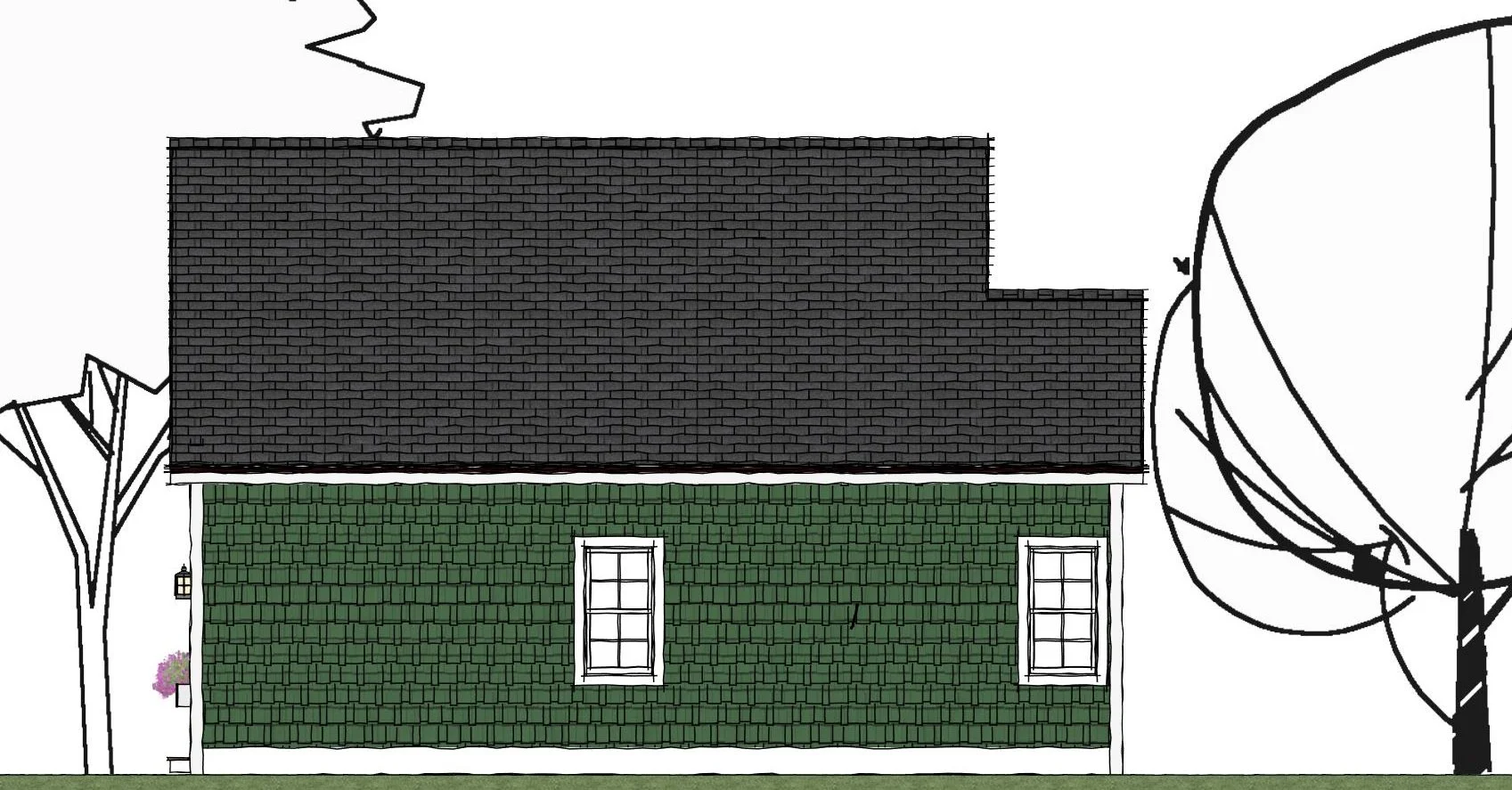The Contoocook ADU model — 770 sq ft, 2D side elevation architectural drawing with bedroom windows, kitchen wall layout, and sketched surrounding trees.