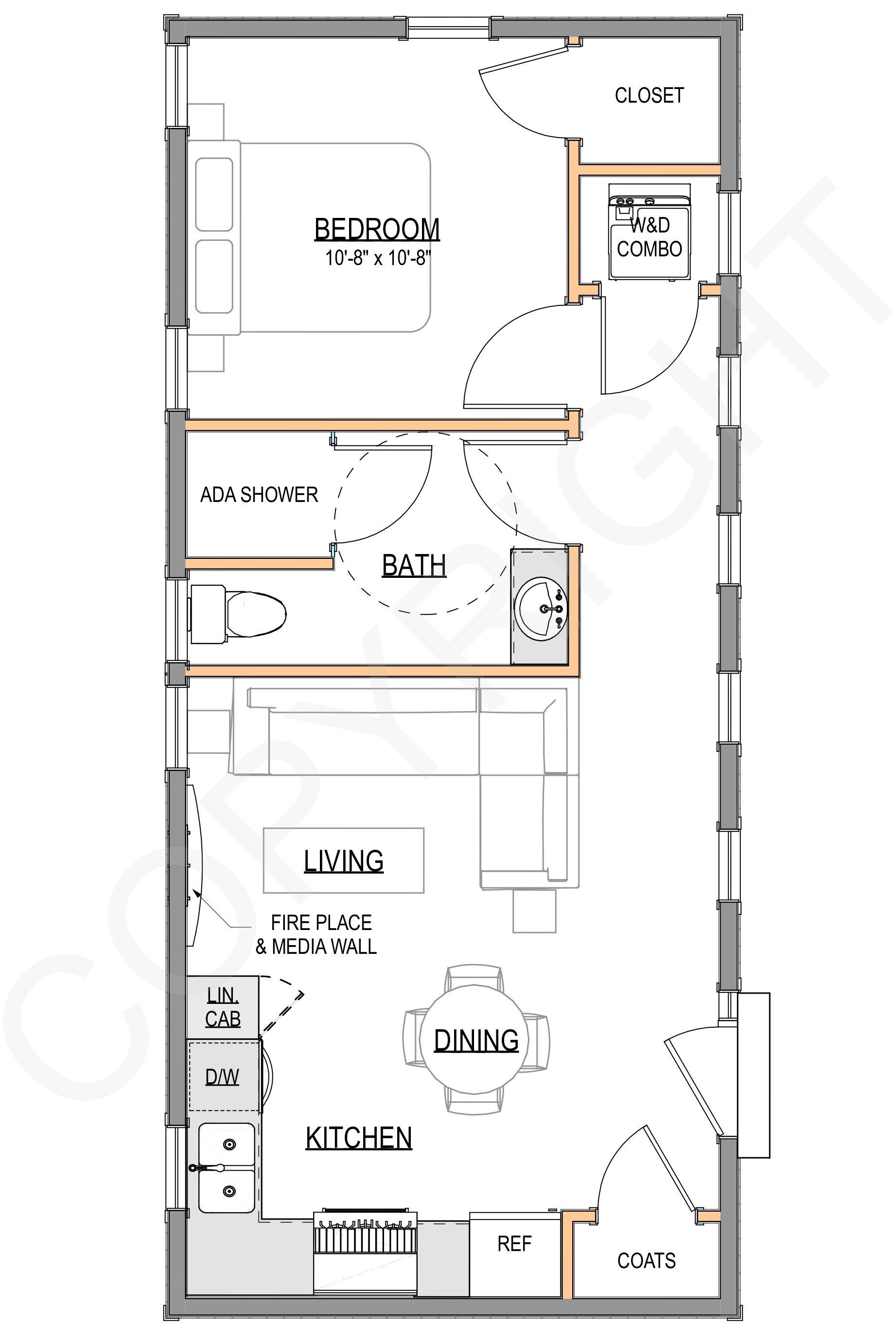 The Durham ADU model — 550 sq ft — floor plan showing one bedroom, full bath, compact kitchen, dining area, living room with cathedral ceiling, and stackable washer/dryer.