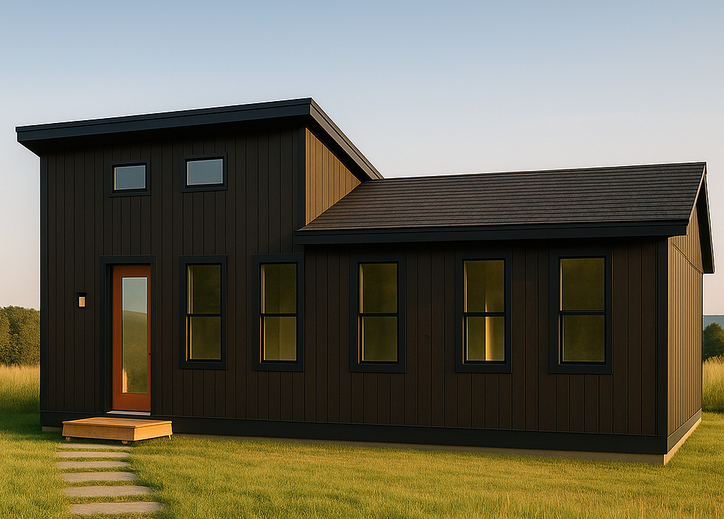 The Durham ADU model — 550 sq ft — exterior rendering with modern dark vertical siding, multiple tall windows, and a simple entry landing.