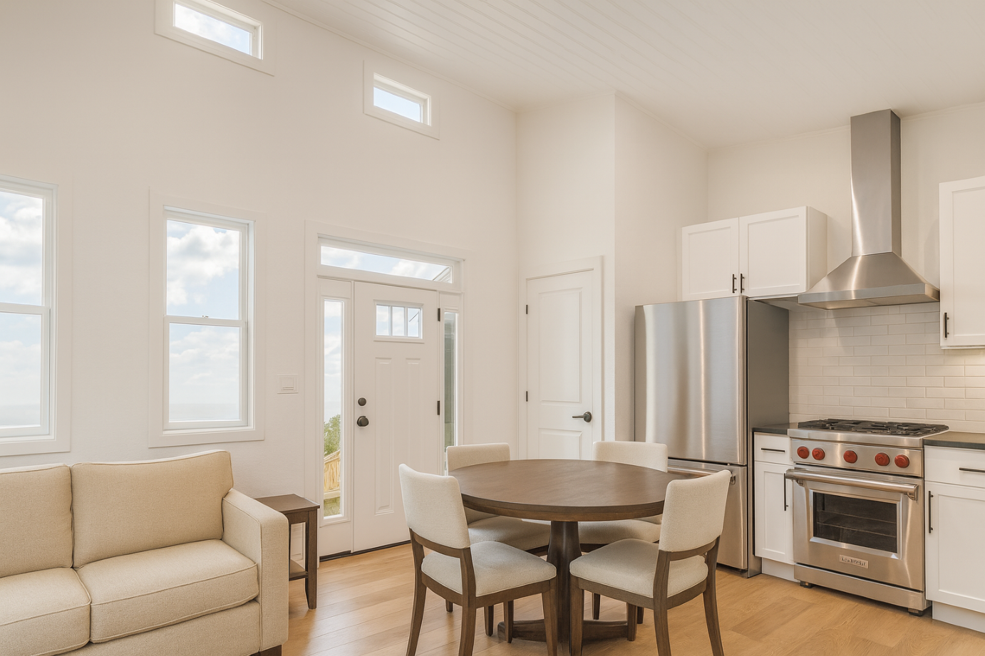 The Durham ADU model — 550 sq ft — interior rendering showing cathedral-ceiling living room, dining area, and kitchen with full-size appliances.